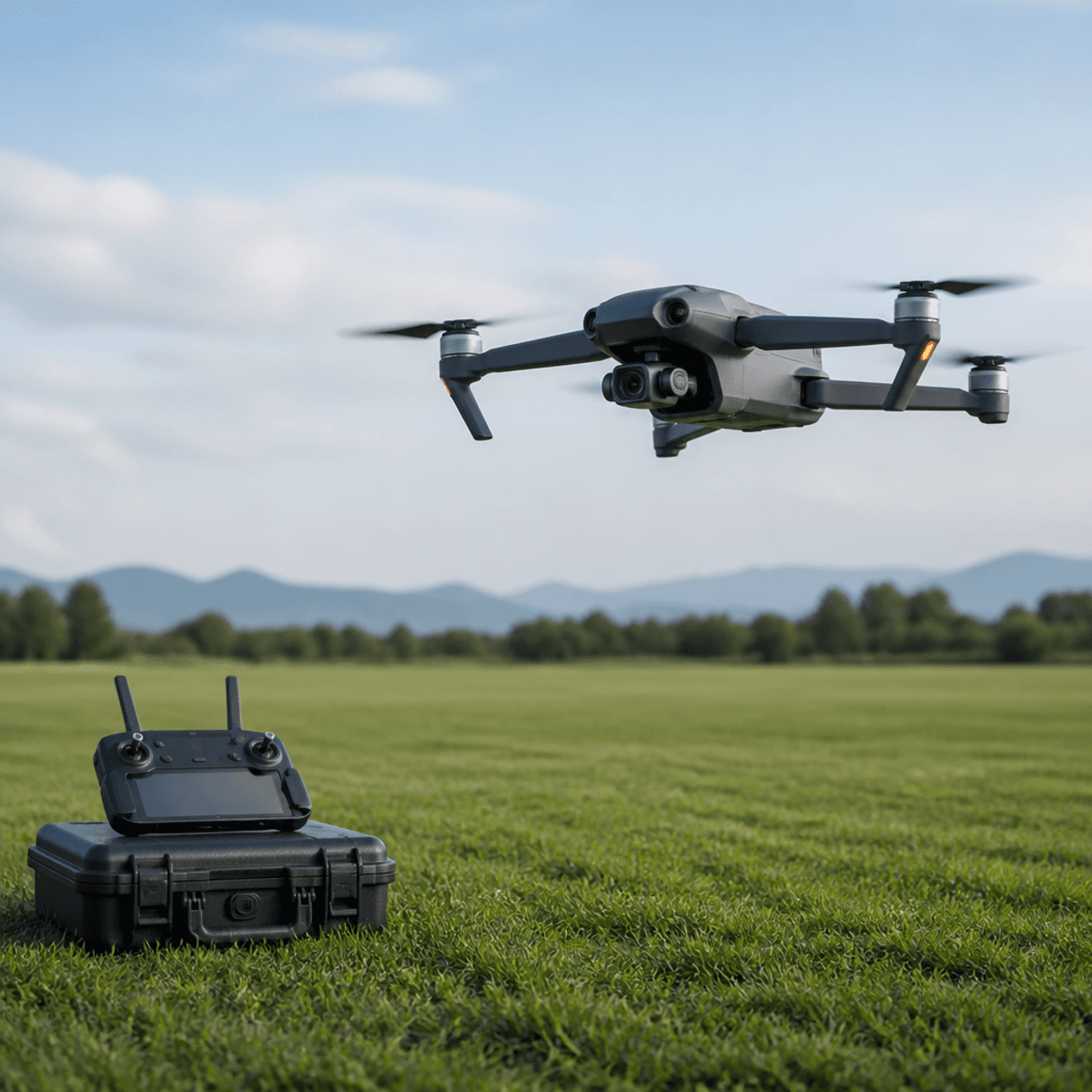 Outdoor field training setup with a hovering drone and remote controller