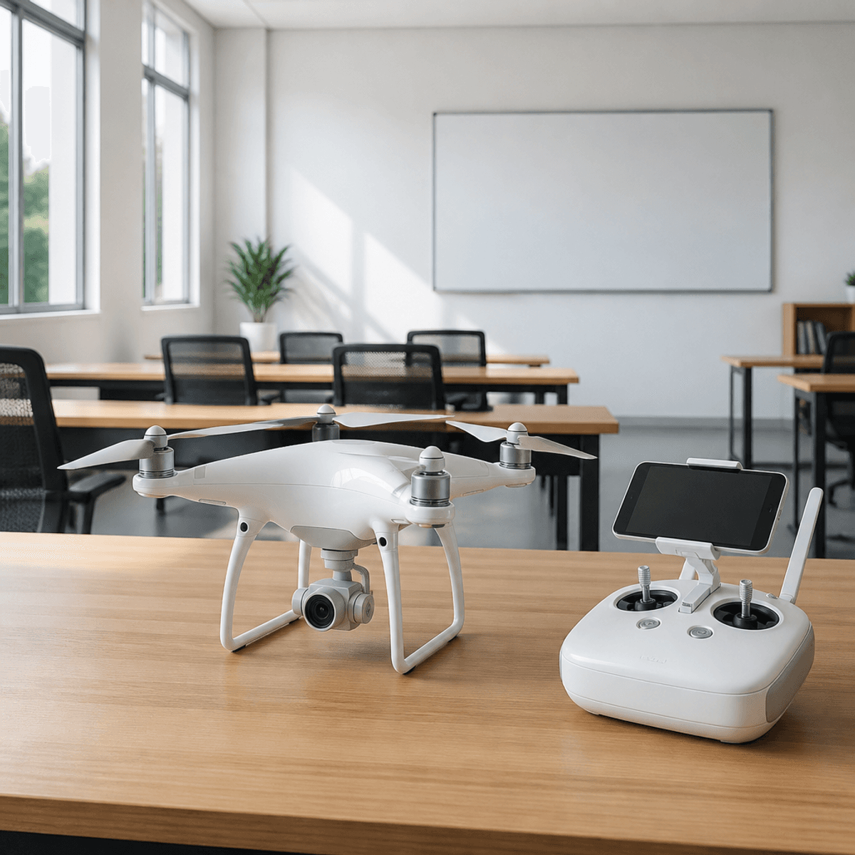 Classroom training desk with a drone and remote controller