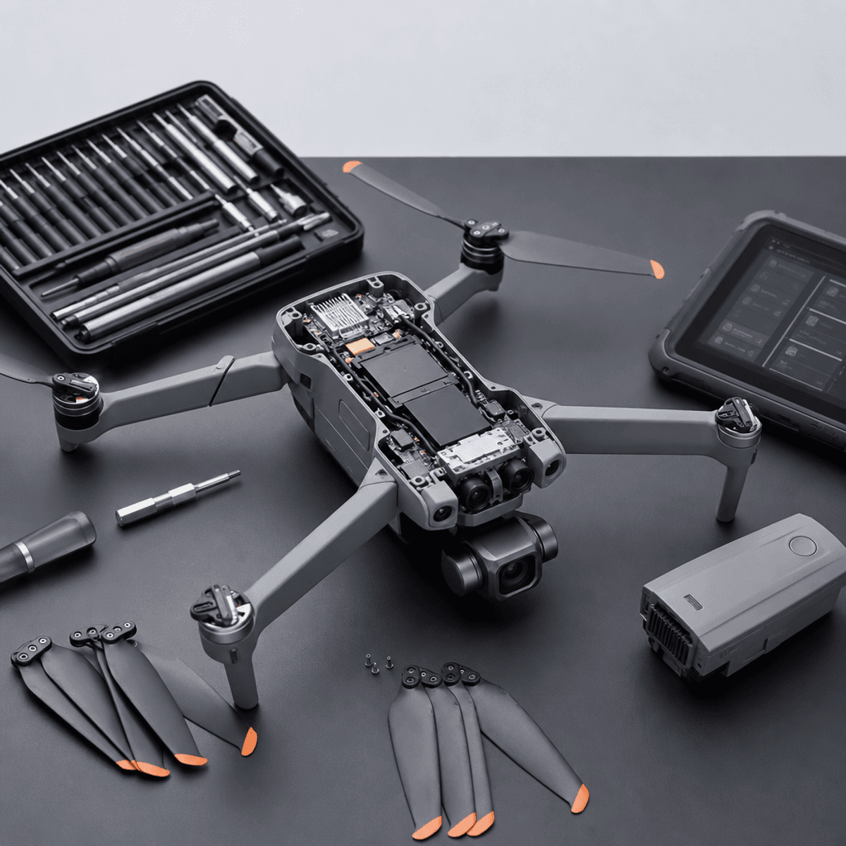 Drone repair workbench with tools, spare parts, and diagnostic tablet